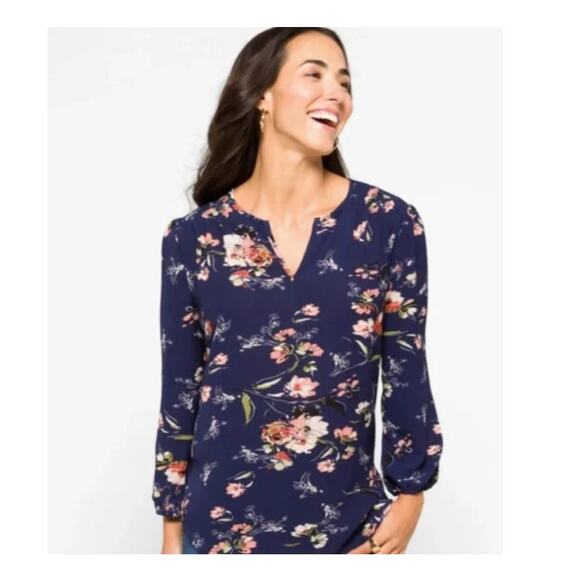 Fun2Fun Top Floral Split Neck Popover Blouse Navy Size Small NEW - Picture 1 of 11